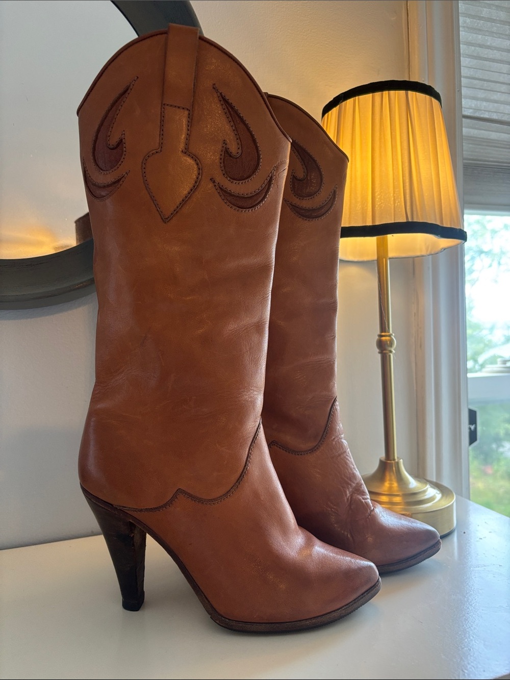 Women's Tan Leather Western Stacked Heel Boots by pablito